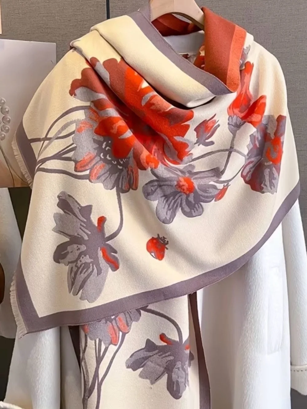 Luxury Floral Print cashmere wool blend Women's Scarf in Cream and Coral